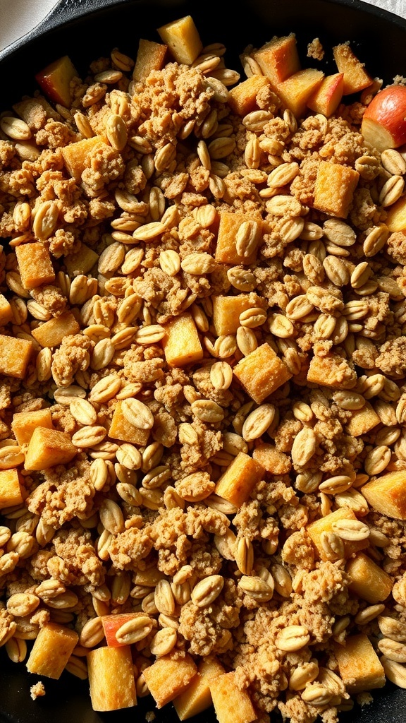 A close-up of apple crisp with oat topping, featuring diced apples and a crunchy oat mixture.