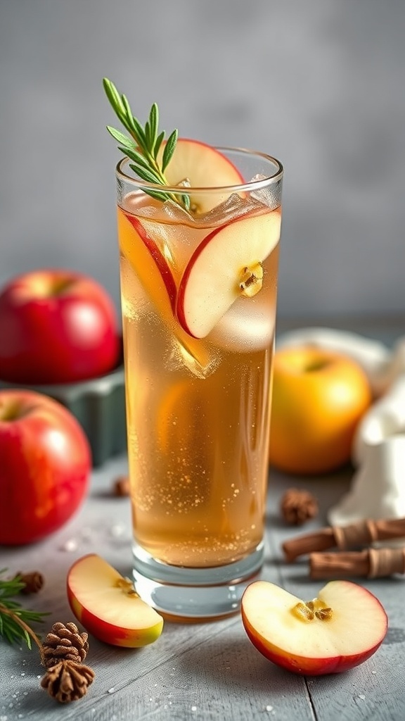 A refreshing Apple Ginger Fizz mocktail garnished with apple slices and rosemary, surrounded by fresh apples and cinnamon sticks.