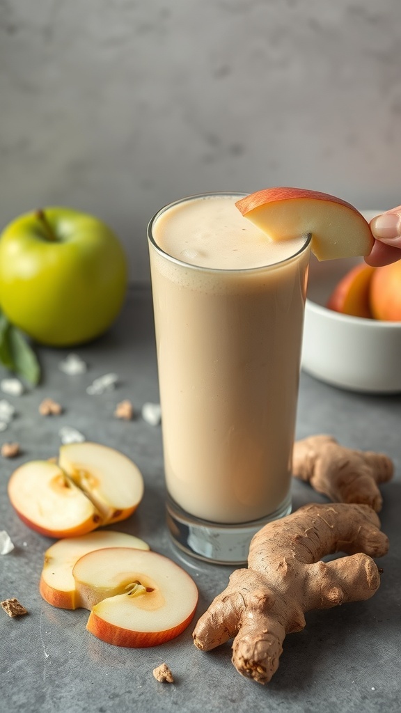 A glass of apple ginger smoothie with apple slices and ginger root on a gray surface.