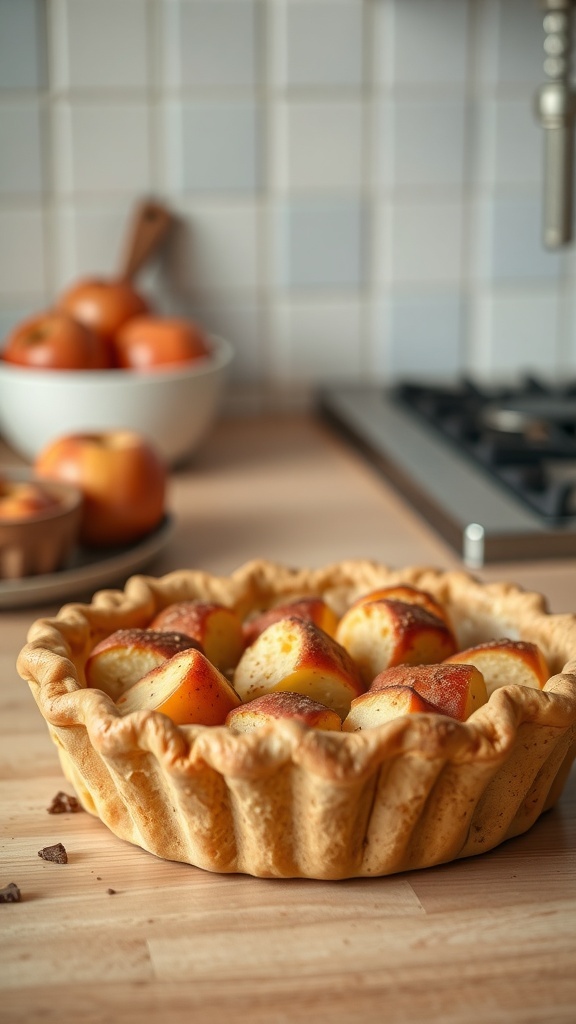 A freshly baked apple pie with a golden crust and sliced apples on top, surrounded by fresh apples.