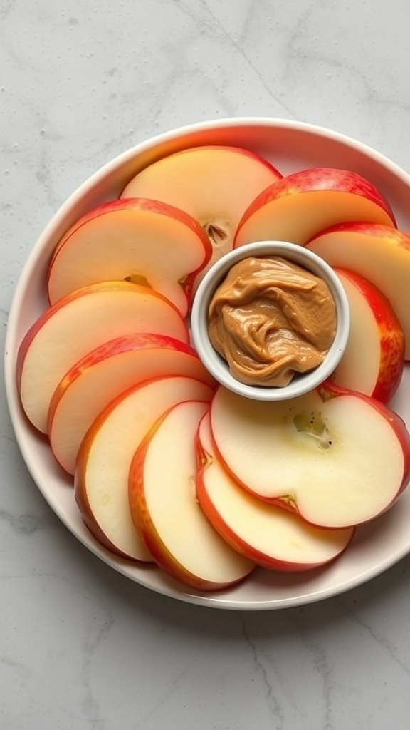 A plate of apple slices arranged around a bowl of nut butter.