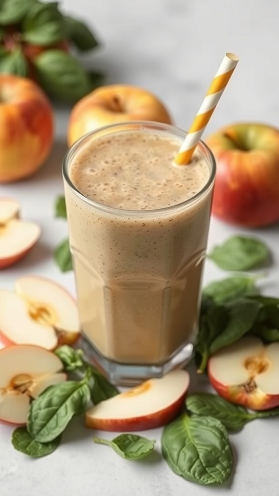 A glass of apple spinach green smoothie with apples and spinach leaves around it.