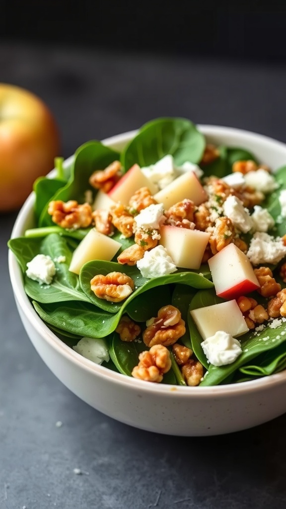 A bowl of Apple Walnut Spinach Salad with fresh spinach, sliced apples, walnuts, and feta cheese, accompanied by two apples on a wooden surface.