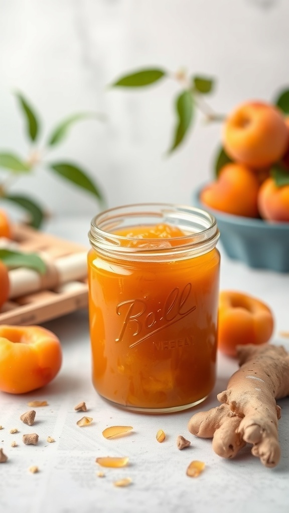 A jar of apricot ginger jam with fresh apricots and ginger root in the background.