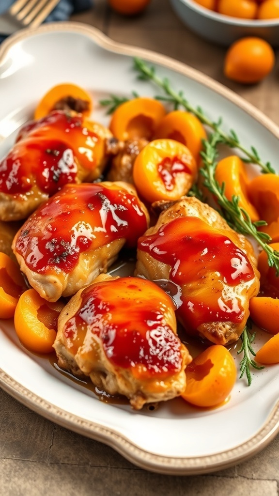 Apricot glazed chicken thighs served with fresh apricots and herbs