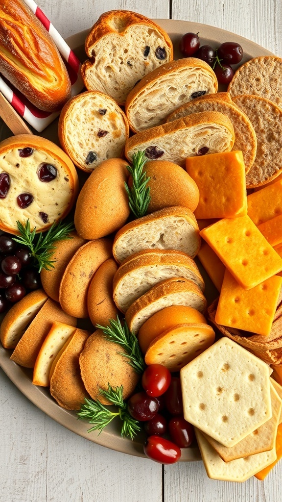 A festive charcuterie board featuring artisan bread, assorted crackers, and cheese.