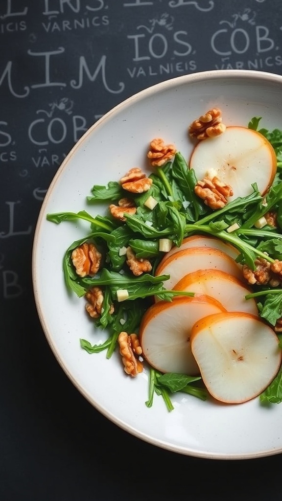 A bowl of arugula and pear salad with walnuts on a dark background.