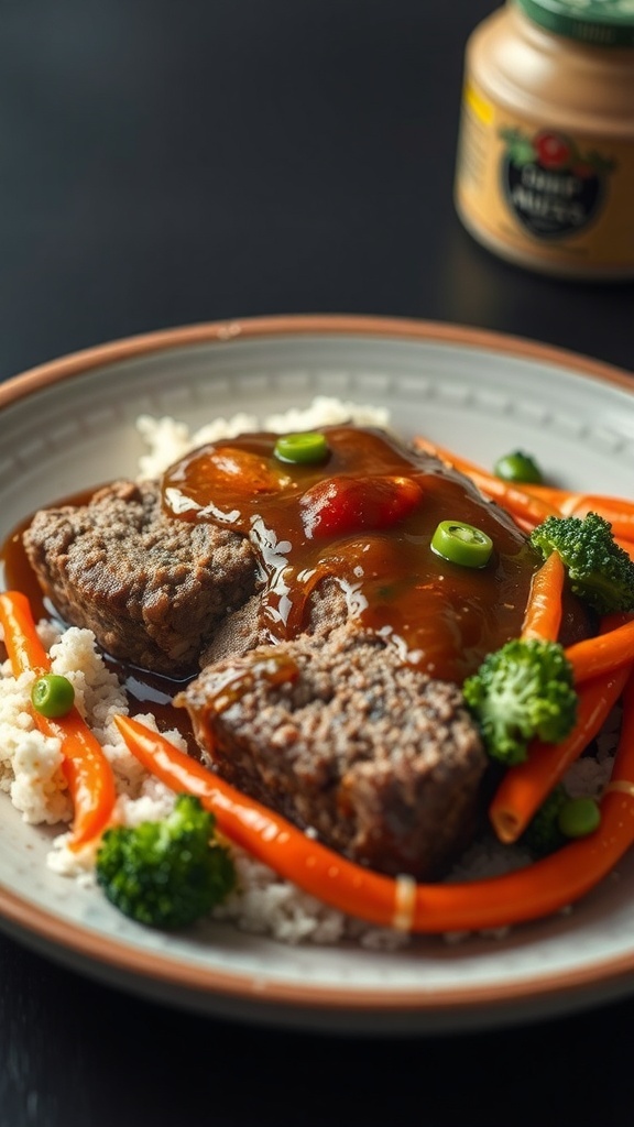 Asian-inspired meatloaf with sauce, carrots, and broccoli on a plate