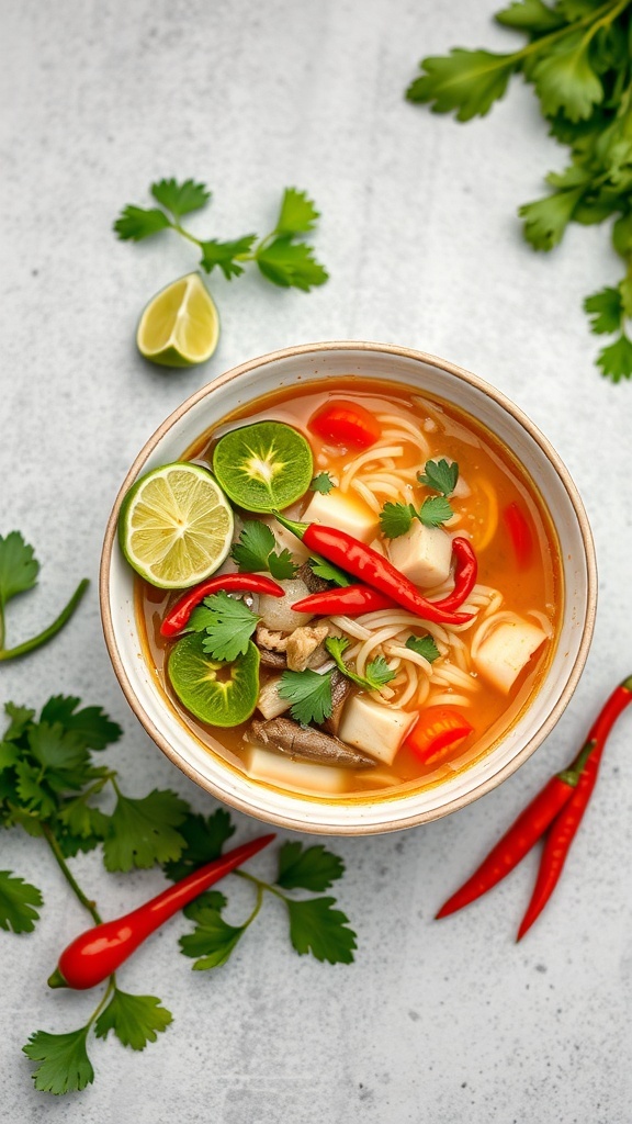 A bowl of Asian noodle soup with noodles, tofu, lime, cilantro, and chili peppers.