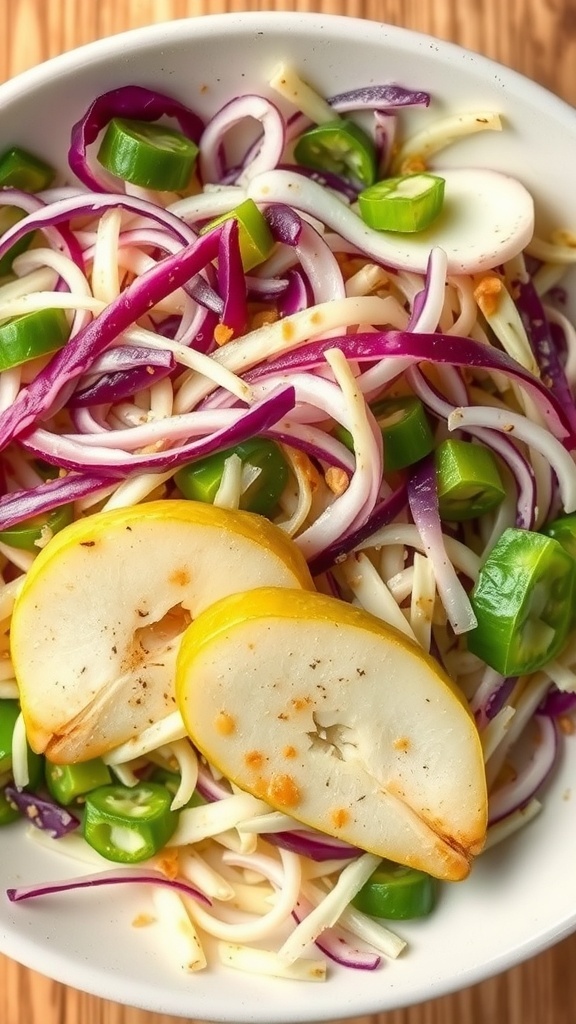 A bowl of Asian Pear and Cabbage Salad with colorful vegetables and sliced pears