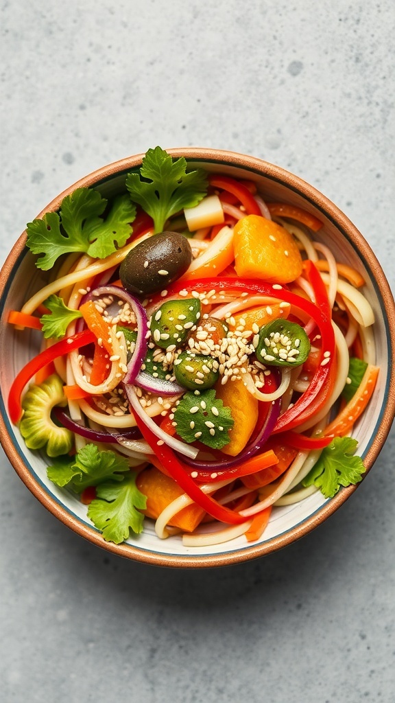 A bowl of Asian Sesame Salad with colorful vegetables and noodles topped with sesame seeds.