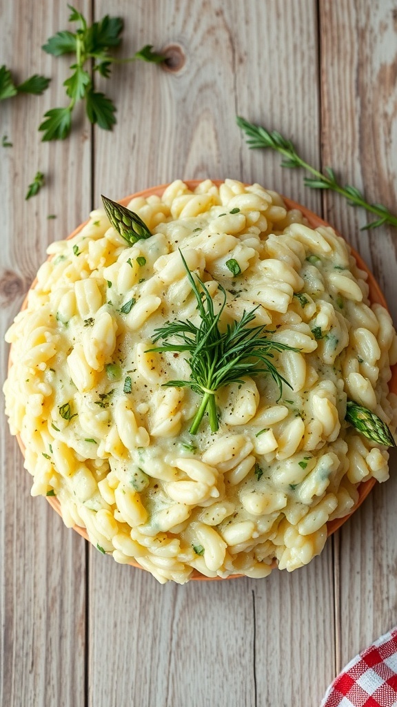 A creamy asparagus and lemon risotto served in a bowl, garnished with fresh herbs.