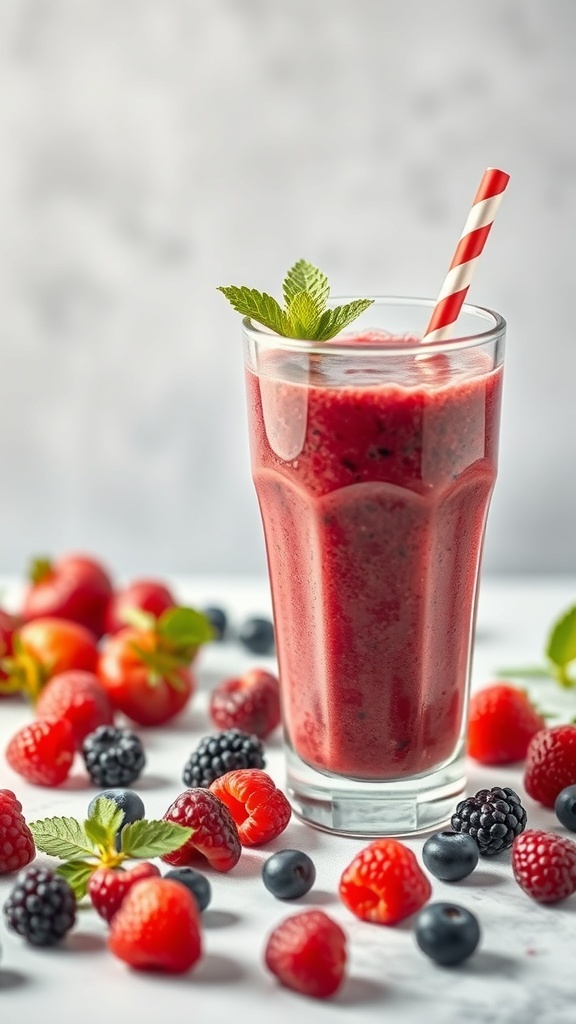 A tall glass of Autumn Berry Smoothie with fresh berries around it.