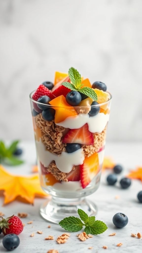 A colorful autumn fruit parfait with layers of yogurt, granola, and fresh fruits.