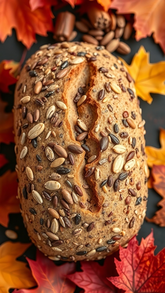 A loaf of Autumn Harvest Bread topped with seeds, surrounded by colorful autumn leaves.