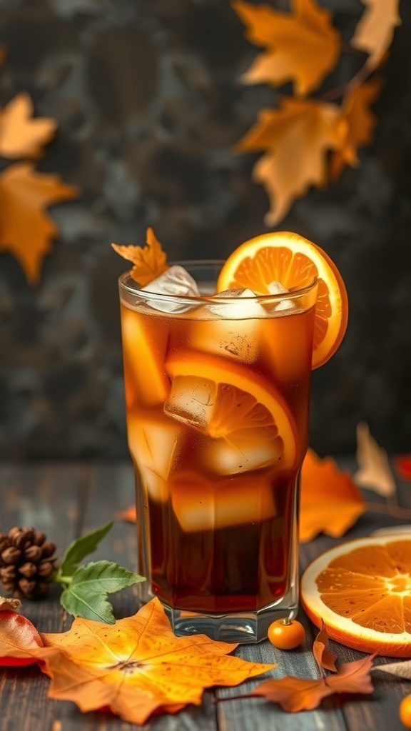 A glass of cold brew coffee with orange slices, surrounded by autumn leaves and pine cones.