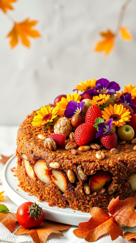 A beautifully decorated Autumn Harvest Fruit Cake topped with fresh fruits and flowers, surrounded by autumn leaves.