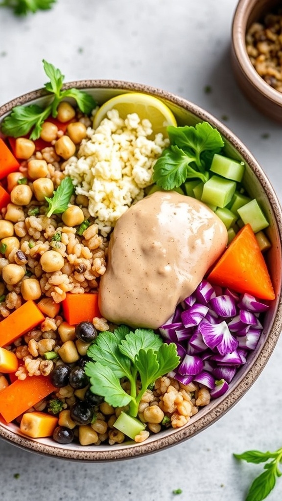 A colorful Autumn Harvest Grain Bowl filled with roasted vegetables, grains, and a creamy dressing.
