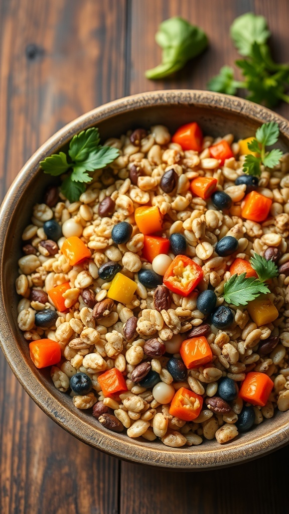 A bowl of Autumn Harvest Grain Bowl filled with grains, beans, and colorful bell peppers on a wooden table.