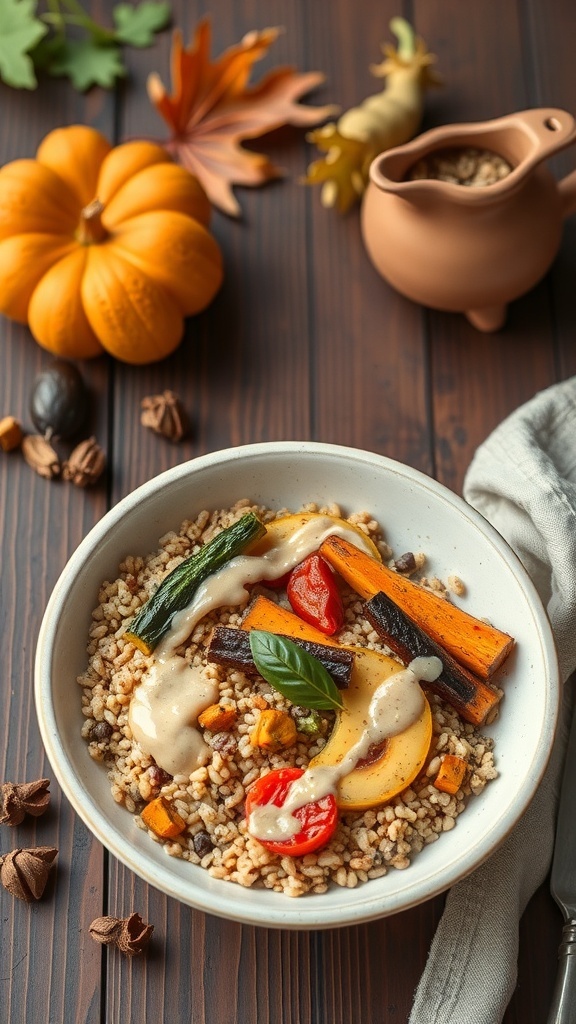 A bowl of Autumn Harvest Grain Bowl with roasted vegetables, grains, and tahini dressing, surrounded by autumn decor.