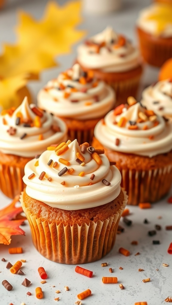 Delicious autumn spice cupcakes with cream frosting and colorful sprinkles