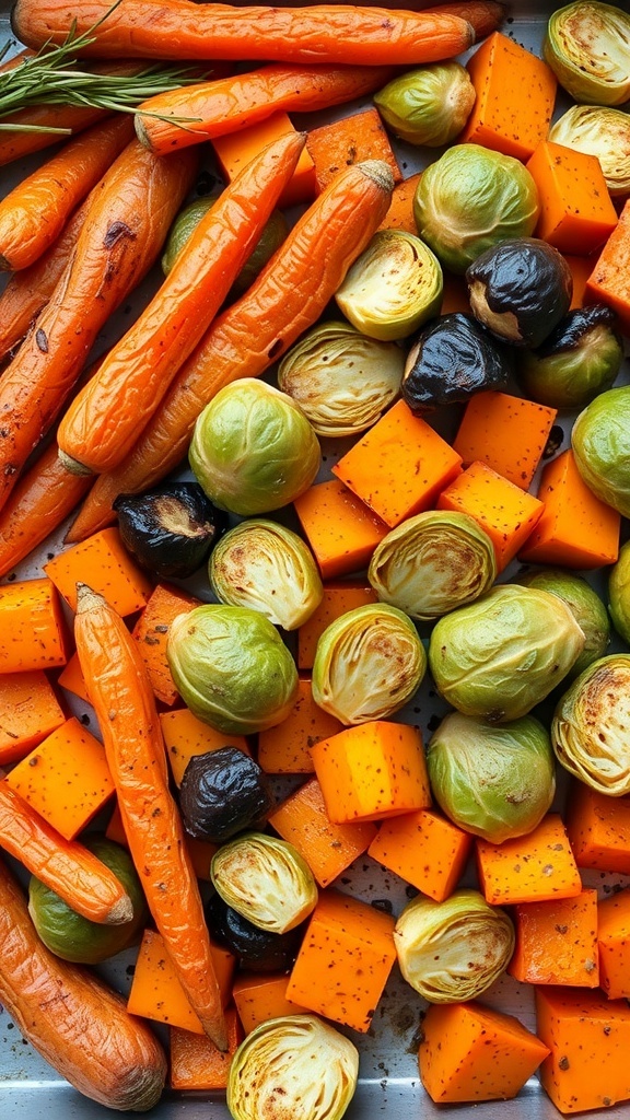 A colorful autumn vegetable medley featuring carrots, Brussels sprouts, and butternut squash.