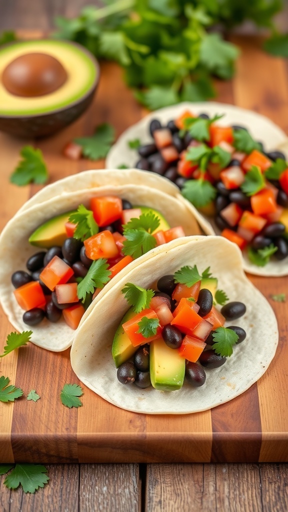 Three avocado and black bean tacos on a wooden board, garnished with cilantro and diced tomatoes.