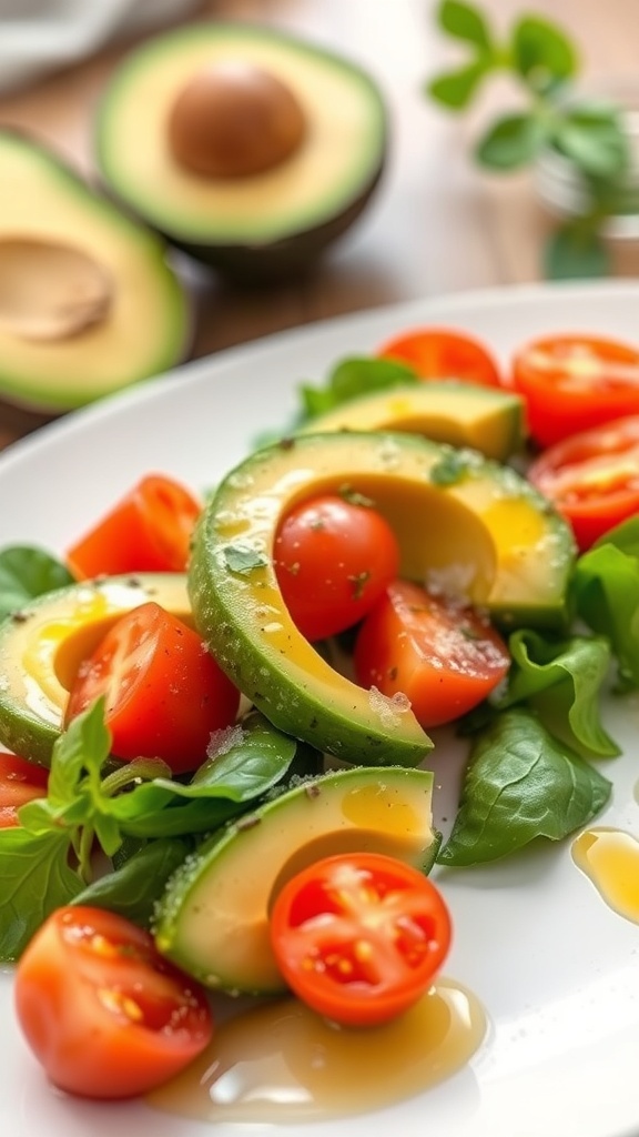 A vibrant avocado and tomato salad with fresh basil on a white plate, showcasing sliced avocados and cherry tomatoes.