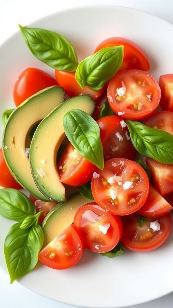 A plate of avocado and tomato salad with fresh basil leaves.