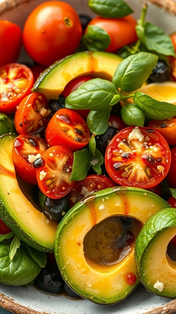 A colorful avocado and tomato salad with basil and olives.