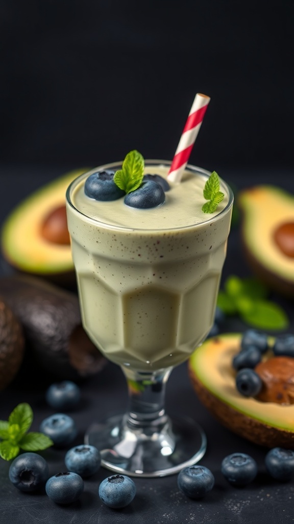 A glass of avocado blueberry smoothie with blueberries and mint leaves, surrounded by fresh avocados and blueberries.