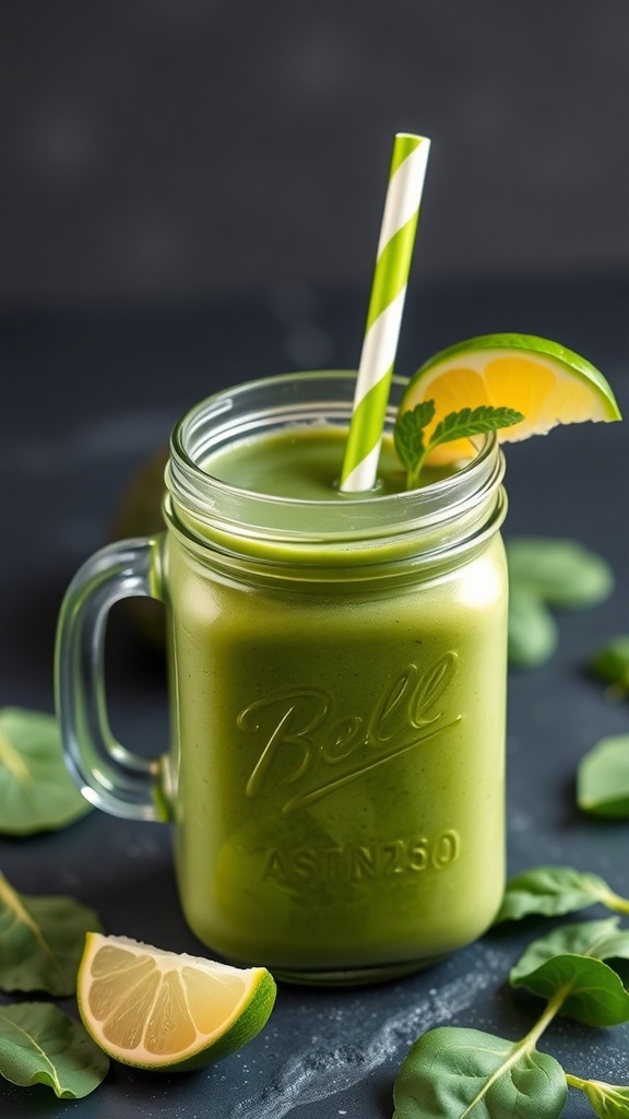 A refreshing avocado spinach smoothie in a glass jar with a green straw, garnished with lime and mint leaves.