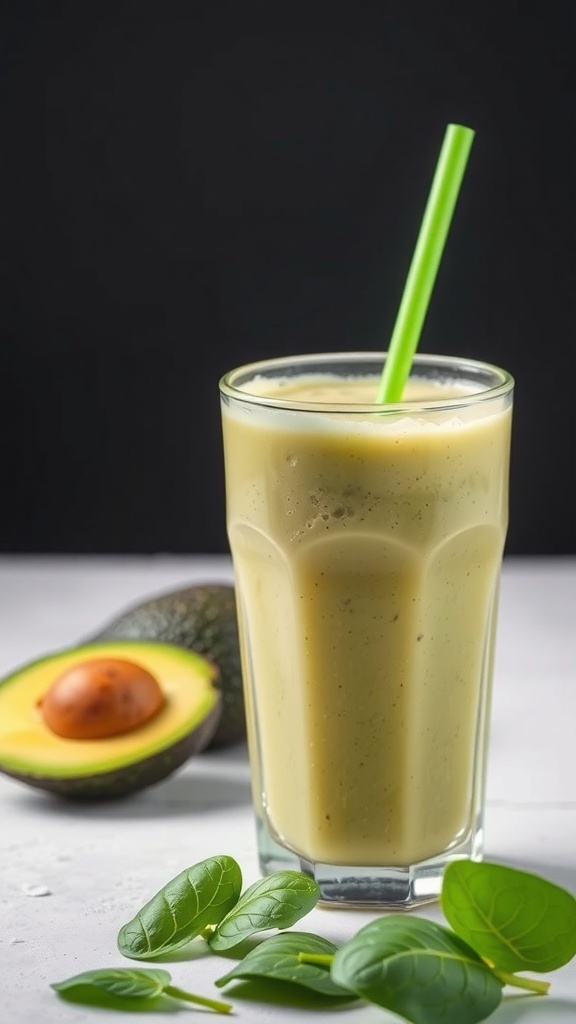 A glass of avocado spinach smoothie with a green straw, surrounded by fresh spinach leaves and half an avocado.
