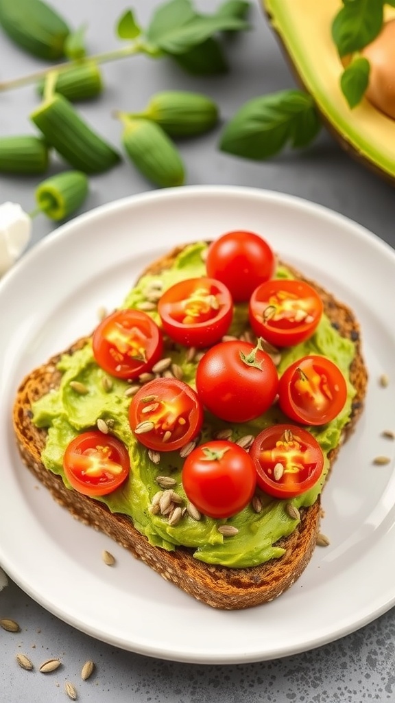 A slice of whole grain avocado toast topped with cherry tomatoes and garnished with a mint leaf.