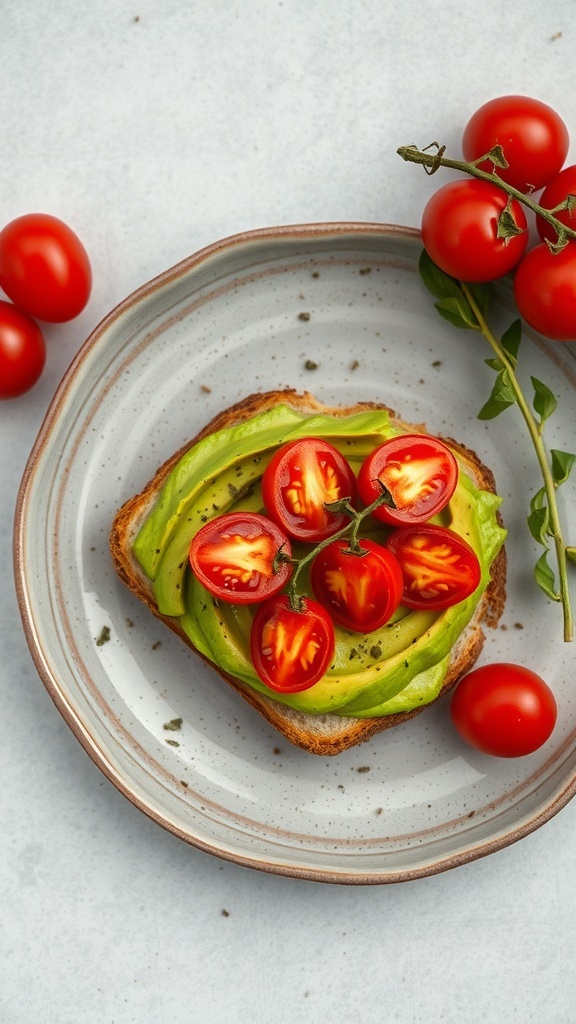 A slice of avocado toast topped with cherry tomatoes on a plate.