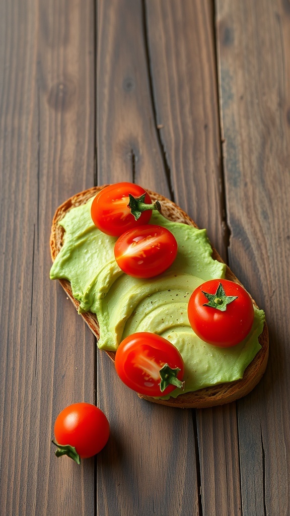 Avocado toast topped with cherry tomatoes on a wooden table