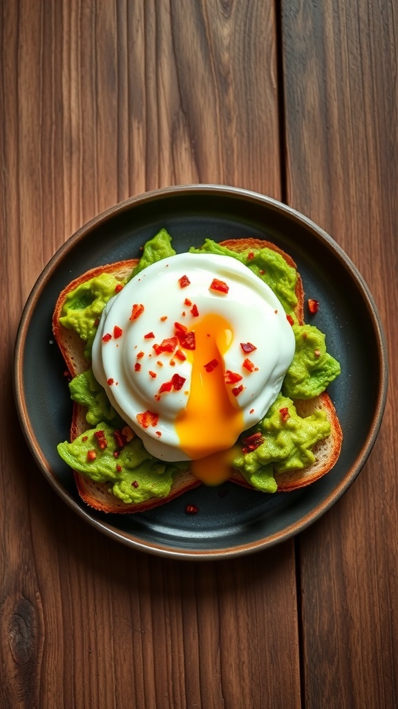 Avocado toast topped with a poached egg and red pepper flakes on a wooden table