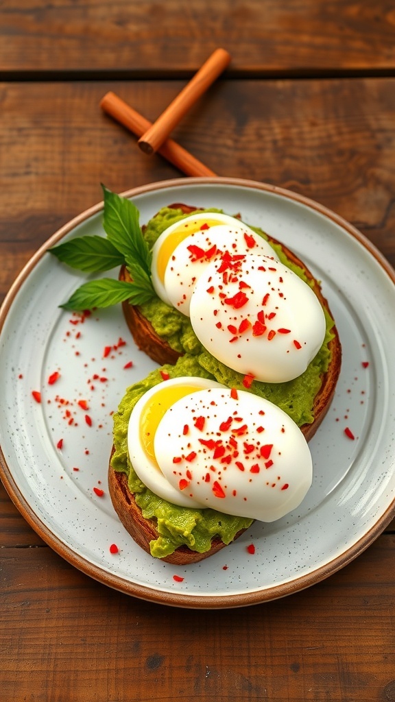 A plate of avocado toast topped with poached eggs and red pepper flakes.