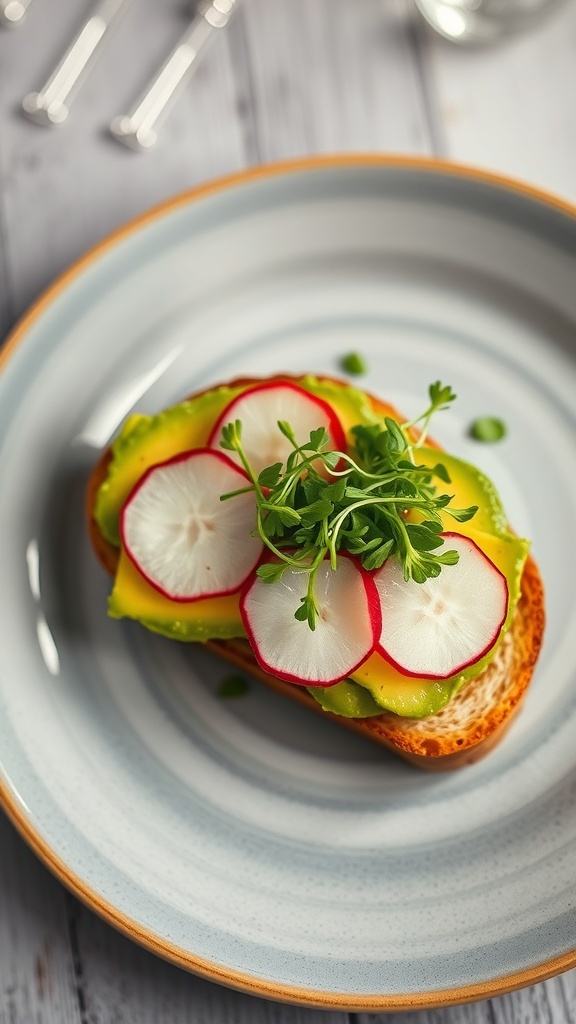 A plate of avocado toast topped with sliced radishes and microgreens, with cherry tomatoes in the background.