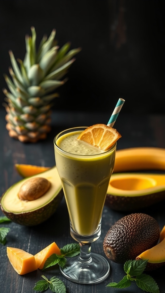 A refreshing avocado tropical smoothie in a tall glass with a slice of orange on top, surrounded by fresh ingredients like avocados, pineapple, and melon.