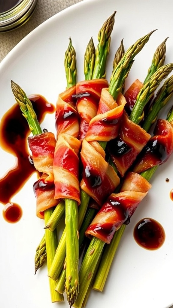 Bacon-wrapped asparagus on a plate with a drizzle of balsamic glaze