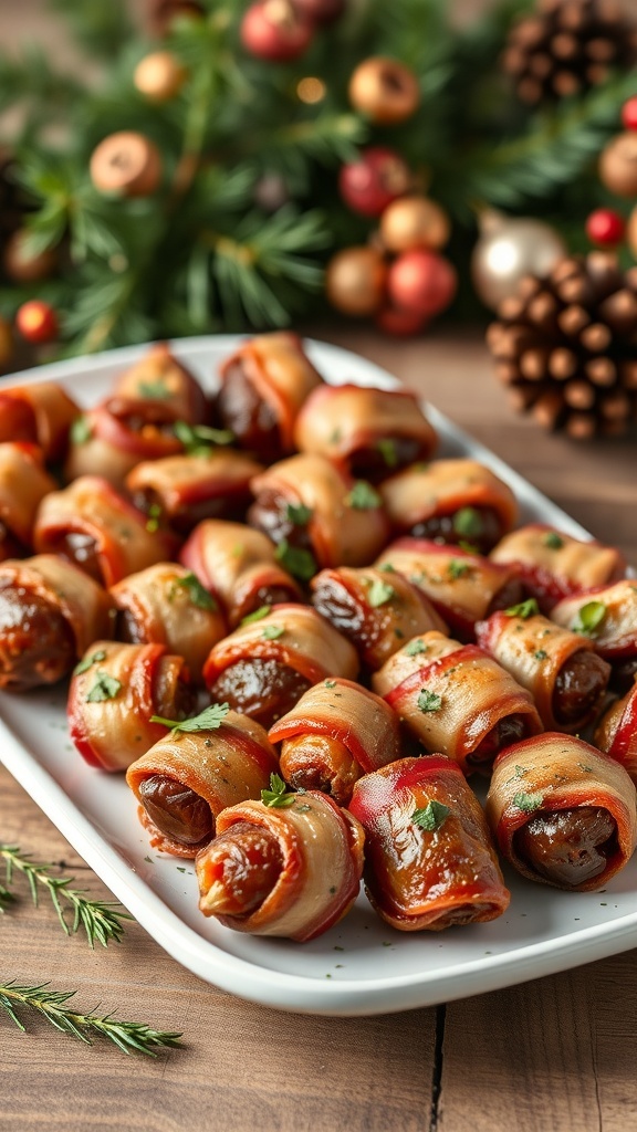 A platter of bacon-wrapped dates garnished with parsley, set against a festive background.