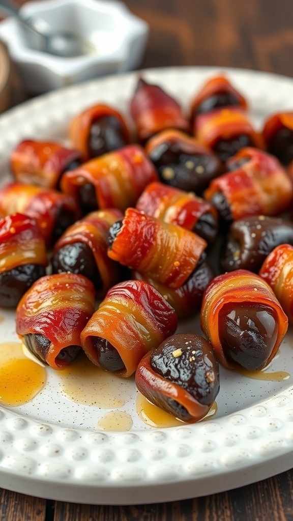 A plate of bacon-wrapped dates, glistening with a drizzle of honey.