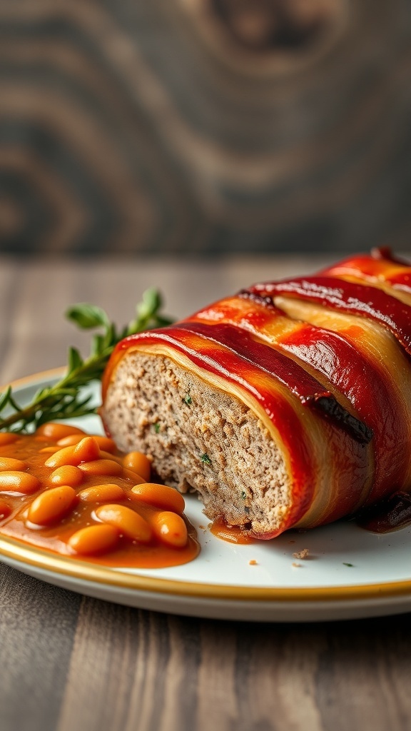 A delicious bacon-wrapped meatloaf served with baked beans on a plate.