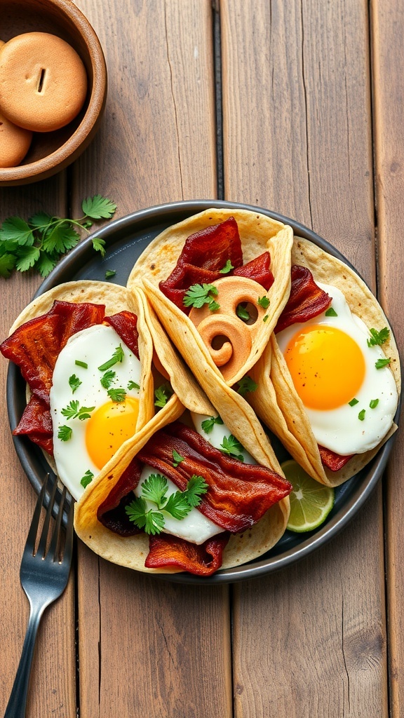 Bacon and egg breakfast tacos on a plate with cilantro and lime