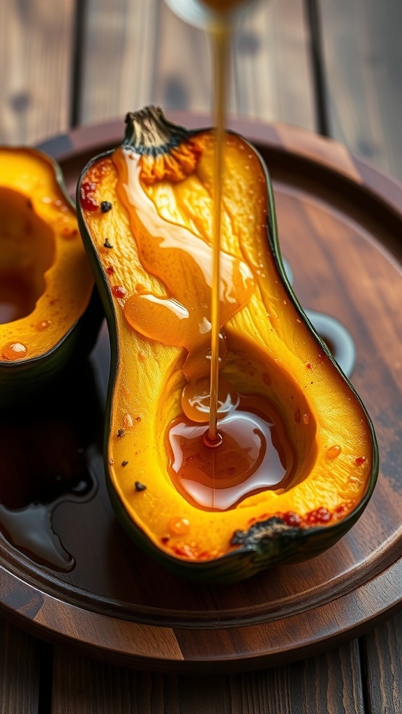 Baked acorn squash with maple syrup being drizzled over it
