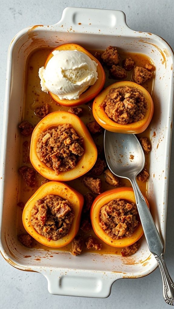 Baked apples with brown sugar and cinnamon topped with ice cream in a baking dish.