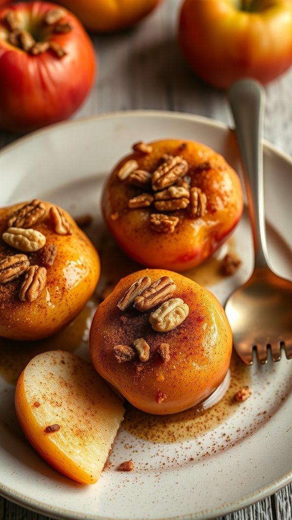 Baked apples with cinnamon and pecans on a plate