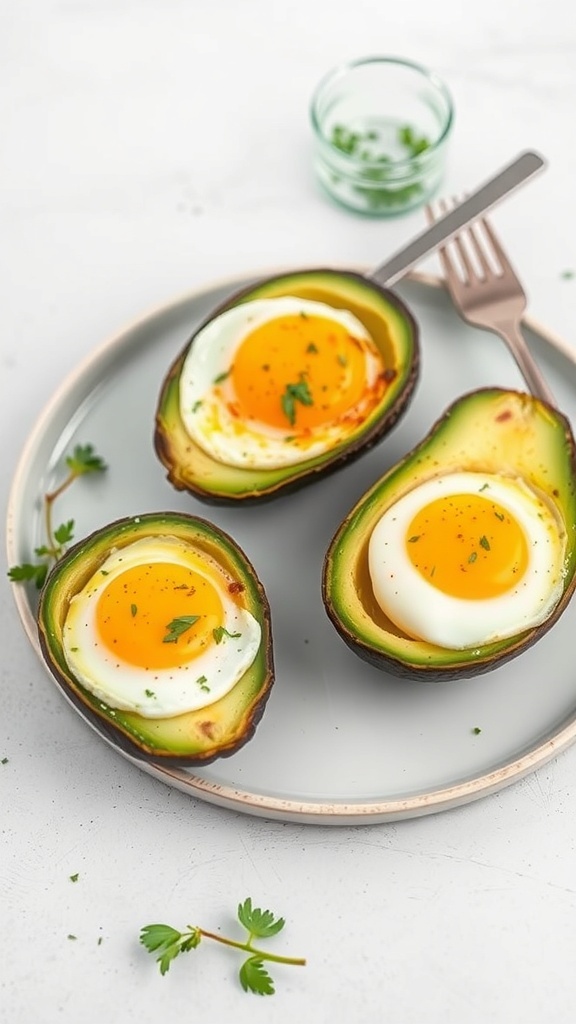 Baked avocado eggs on a plate with fresh herbs