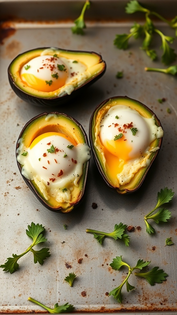 Baked avocado halves with eggs, topped with herbs and spices